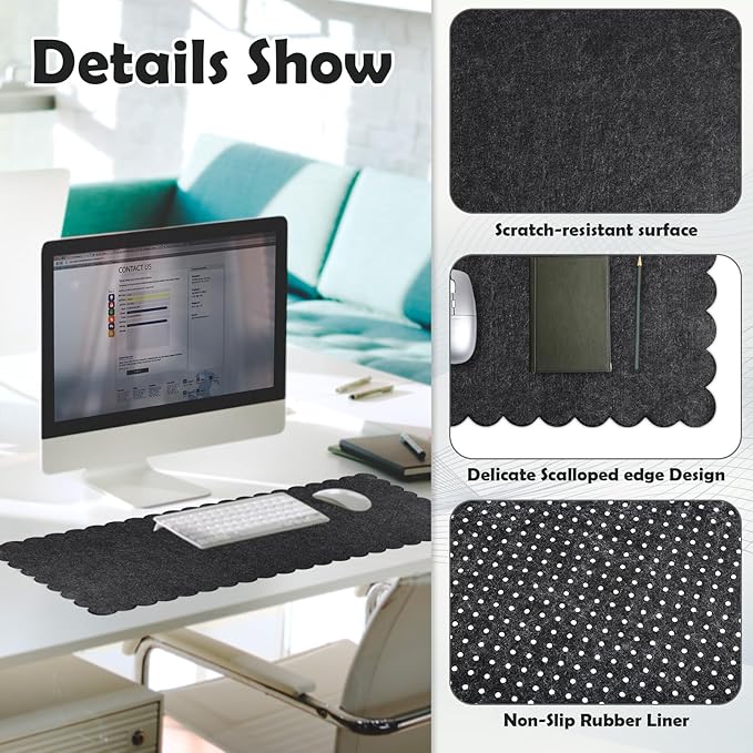 Copkim 35 x 16.5 Inch Felt Desk Mat with Scalloped Edges, Large Felt Mouse Pad Non Slip Scalloped Computer Laptop Desktop Pad for Keyboard and Mouse Home Office(Black Gray)