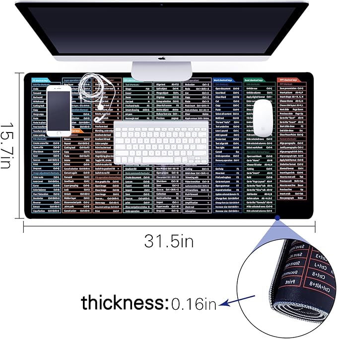 Quick Key XXL Mouse Pad with AI PS Shortcut,Super Thick Waterproof Large Gaming Mousepad with Stitched Edge,Adobe&Office Software Shortcut Non-Slip Base Mouse Keyboard Mat 800X400X4mm