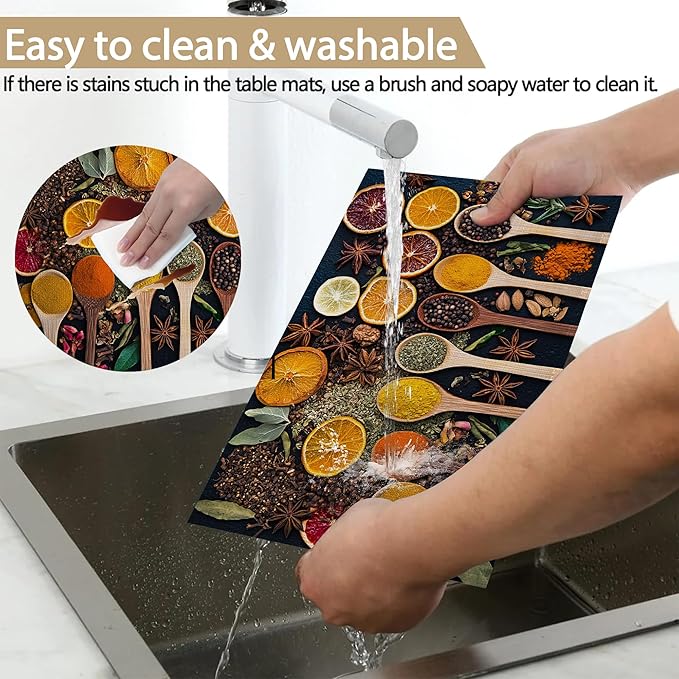 Colorful Spices Linen Placemats Set of 6, Decorative Table Mats 12x18 Inch, Washable Heat Resistant Placemats for Dining Table Kitchen Home Decor
