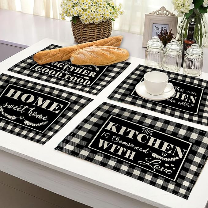 4Pack Farmhouse Decor Placemats Black White Buffalo Plaid Kitchen Inspirational Quotes Decor Table Mats Waterproof Heat Resistant Washable Non-Slip Place Mats for Dinner Kitchen Decor Table 12”×16”