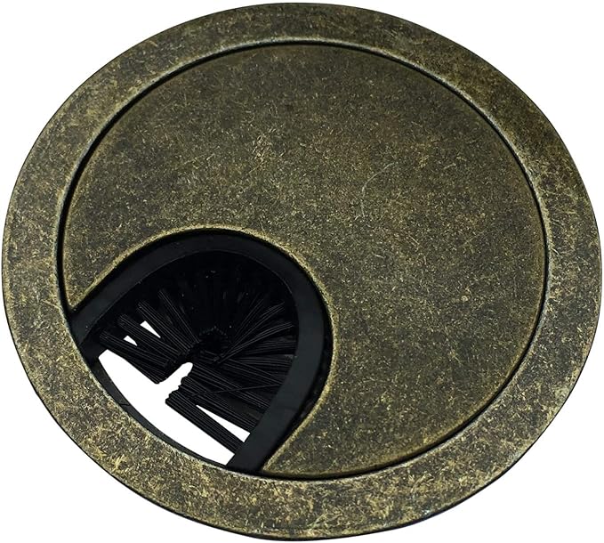 Antique Brass Metal Cable Grommet | 2 Piece "Lock in" Feature with "Brush" Opening for Management of Office & Computer Desk Wires | 60mm (2 3/8") Hole Opening | 1 Pack