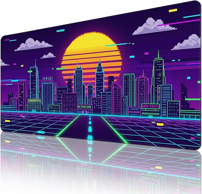 48x24in Retro Synthwave Mouse Pad, Neon City Extended Desk Mat, Non-Slip Waterproof Gaming Mousepad for Home Office & Gaming