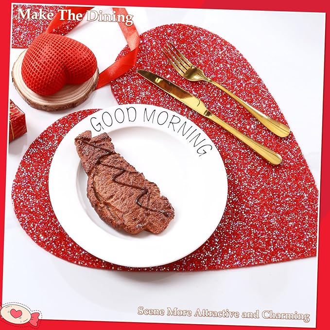 Red Heart Rhinestones 15 Inches Table Mat Valentines Day Decoration Placemat for Centerpiece Dining Table Love Home Family Together Gifts for Her