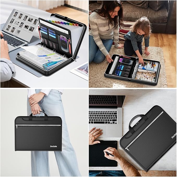 DocSafe File Organizer Zipper Binder with 30 Sheet Protector,Fireproof Accordion 12-Tab Expanding File Folder with Multiple Pockets,Home School Office Safe Storage for Documents,1.5-Inch O-Ring,Black