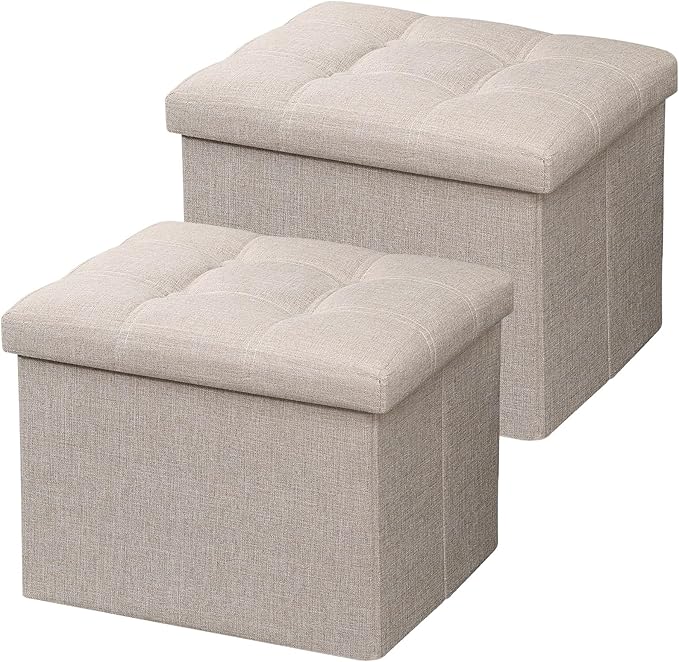 AmasSmile 2PC Ottoman Storage Footrest, 17 inch, Beige, Linen Fabric, Foldable, 43L Hidden Storage Space