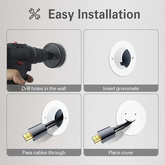 in-Wall Cable Management Kit, Large Opening Cable Pass Through (Fits 5+ Cables), 2-Pack Wall Grommets to Hide TV Cords for Wall Mounted TV, HDMI & Low-Voltage Cables - White
