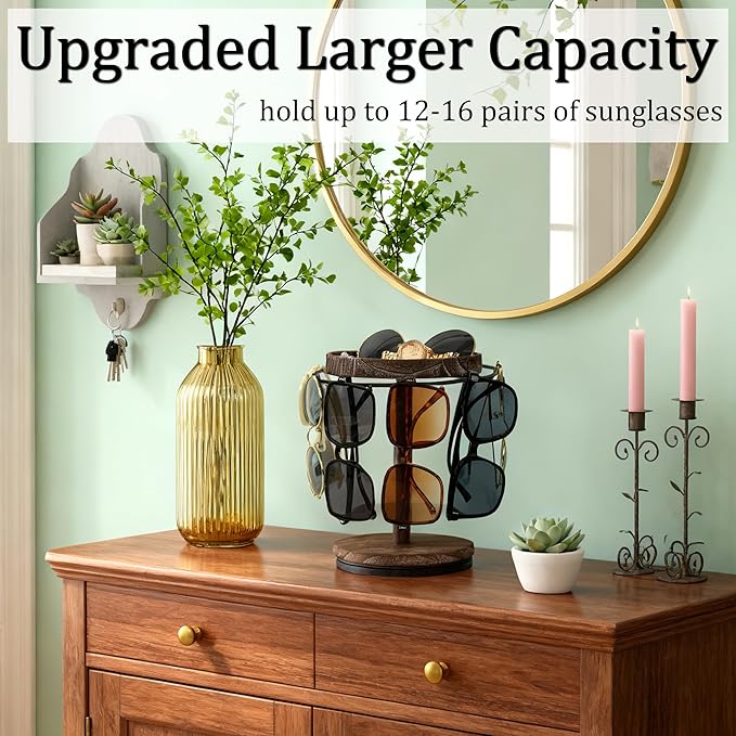 Sunglasses Organizer 360° Rotating Eyeglass Holder Stand with Wood Tray and Base, Eye Glass Display Rack for Multiple Sunglass Storage for Table Dresser Nightstand Desk (Retro Coffee)