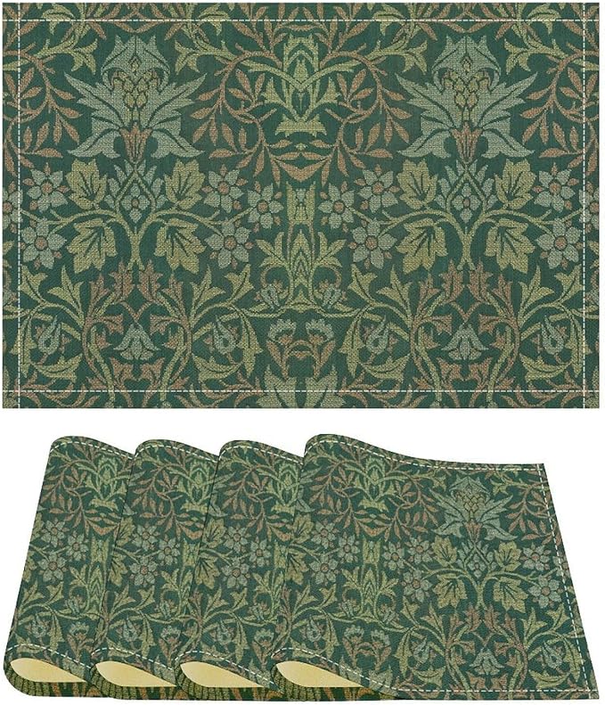 William Morris Floral Placemats Vintage Flower Art Style Boho Chic Retro Floral Linen Washable Table Mats Stain Heat-Resistant Desktop Decor Place Mats for Home Kitchen Dining Party 12x18 in 6 Pcs