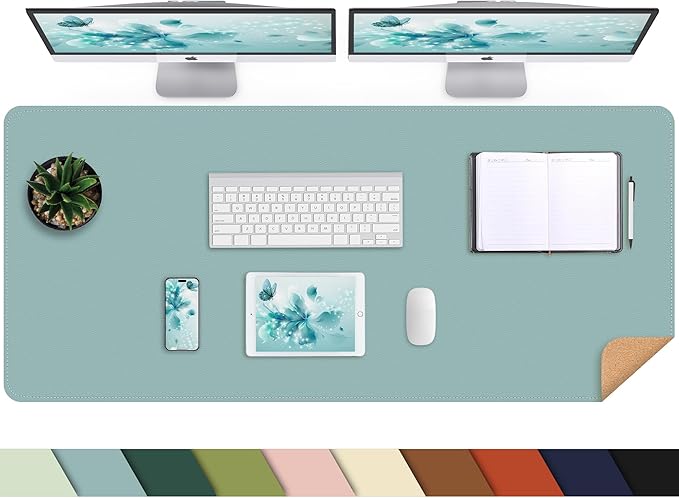 AFIING Cork Desk Mat 47" x 17", Dual-Sided Natural Cork & PU Leather Desk Pad, Non-Slip Waterproof Large Mouse Pad for Office, Home & Gaming (Light Blue)