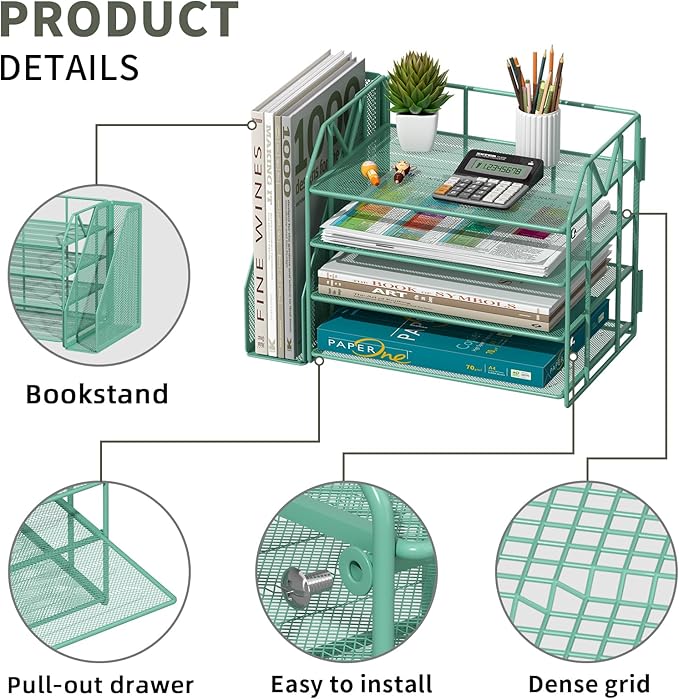 4-Tier Paper File Organizer with Drawer, Metal Desk Organizer, Tiered Paper Tray for Letter/A4 Files, Desktop Office Supplies Storage Rack, Green