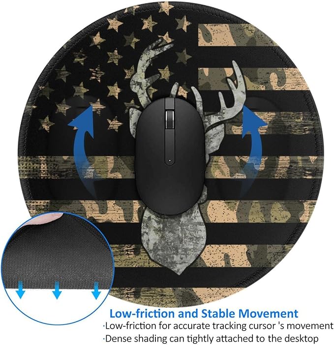 Camo American Flag Deer Round Mouse Pad Premium Textured Mouse Mat Washable Mousepads with Extended Stitched Edges Non Slip Rubber Base Small Mousepad 7.9 X 7.9 X 0.12 Inches