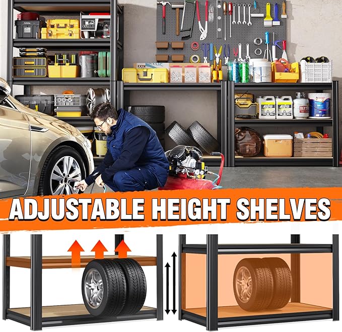 6-Pack 5-Tier Heavy Duty Metal Shelving Units, 71" H x 28" W x 12" D, Adjustable Steel Storage Racks for Garage, Warehouse, Industrial, and Home Organization, 1900 lbs Capacity