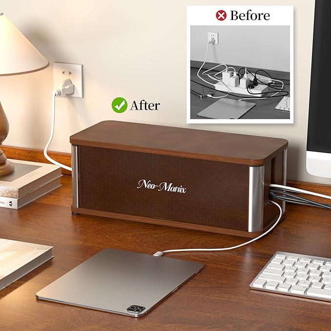 Delamu Wooden Cable Management Box, Retro-Inspired Cord Organizer Box for Home Office, Large Cord Hider Box Hides Cords and Power Strips, Floor Cord Covers, 14.3" x 6.0" x 5.5", Dark Brown