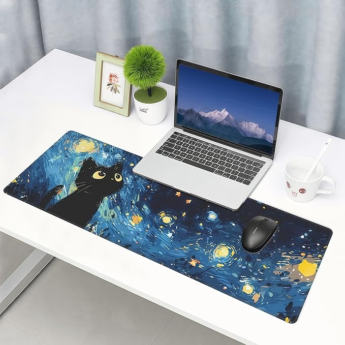 Starry Night Cat Gaming Mouse Pad,Large Cute Mousepad,Extended Anime Dreamy Waterproof Desk Mouse Mat,Kawaii Blue Stitch Mousemat for Office and Home,31.5 x 12in