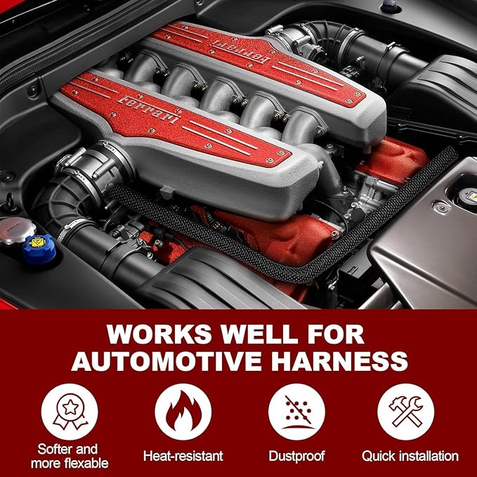 Automotive Wire Loom High Temperature Black Braided Wire Loom, 6.6ft-1.25inch Split-Sleeve Heat Resistant Wiring Loom Cord Cover for Harness Wires,Self-Wrapping Heavy Duty Sheathing Cable Management