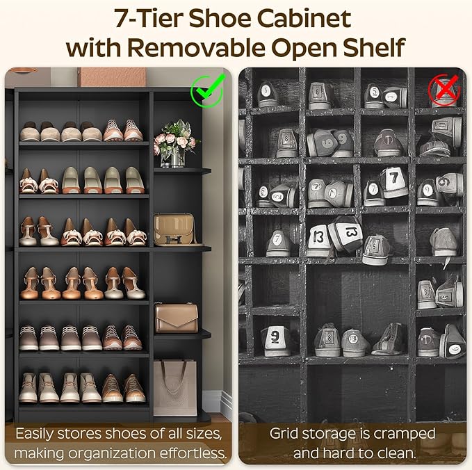 YATINEY Tall Shoe Rack, Multifunctional Shoe Cabinet with Open Storage, Entryway Shoe Organizer for Closet, 7-Tier Wooden Shoe Storage Closet with Adjustable Shelves, Black SC02BK