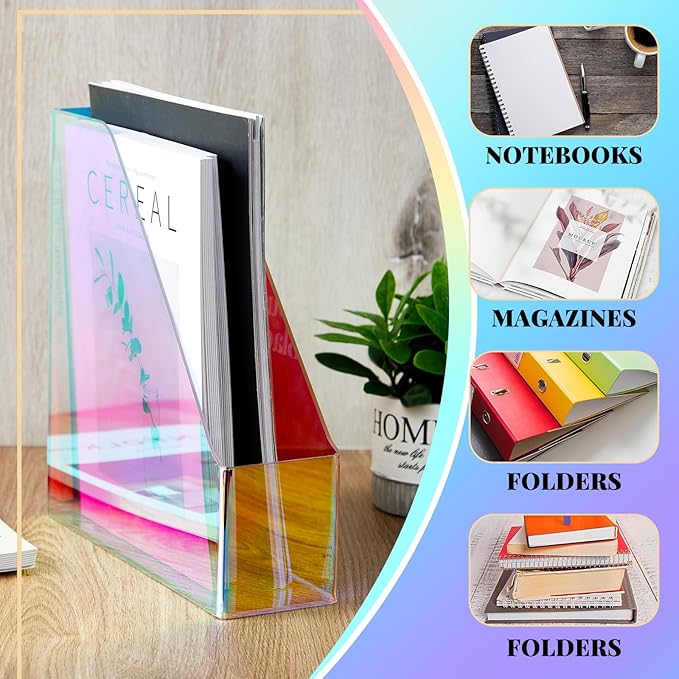 Engrowtic 2 Pcs Iridescent Vertical Magazine File Holder Acrylic Magazine Holder Storage Organizer Plastic Clear Acrylic Rack for Office Classroom Home Document Paper Book Collection