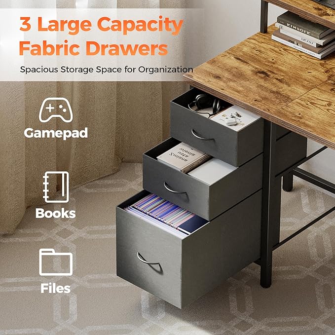 Mericonia 63 inch Computer Desk with Storage Drawers & Monitor Stand, Reversible Gaming Desk with LED Lights & Power Outlets, Large Gaming Table for Home Office