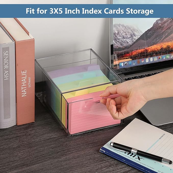 BTSKY Clear 3 x 5 Inch Index Card Storage Drawer Plastic Index Card Box for Office Desk Notecard Box Recipe Flashcards Holder , Recipe Notecard Storage Box Photo Holder Organizer