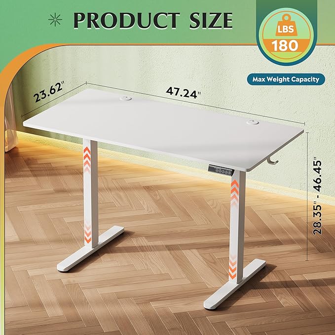 DEVAISE 48 Inch Electric Standing Desk, 3 Adjustable Computer Desk for Home Office, Ergonomic Sit to Stand Desk with LED Touchscreen，Headphone Hook, 3 Memory Preset, with One-Piece Desktop, White