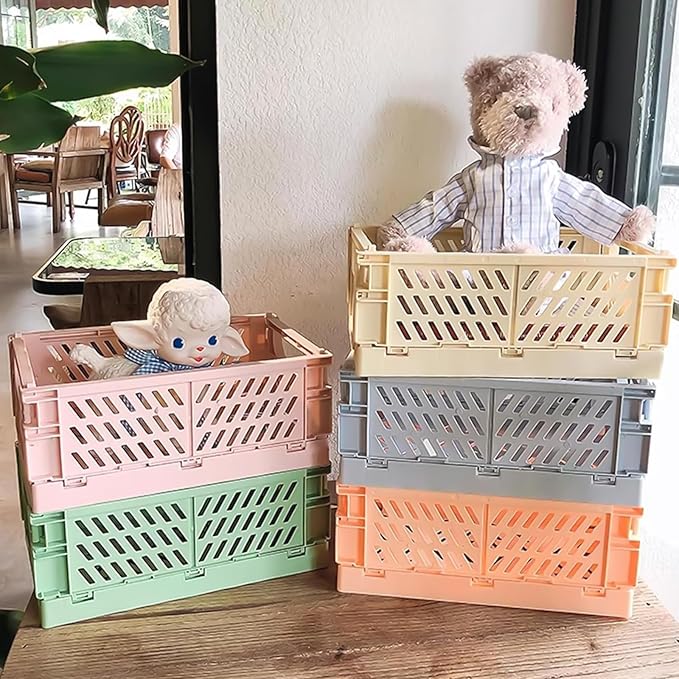 Tobeso-Nuoze Pastel Plastic Storage Baskets 2 Pack, Collapsible Crates for Organizing, Space-Saving Bins for Kitchen, Office, Bedroom (Grey, Medium:9.8" x 6.5" x 3.8")