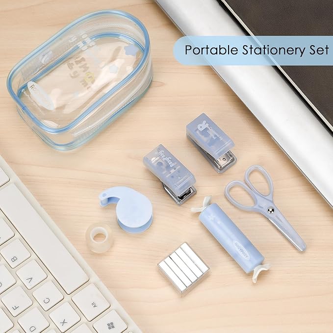 7-Piece Office Supplies Kit Set - Portable Mini Stationery Organizer with Compact Scissors & Hole Punch for Office Work, School Supplies & Desk Accessories