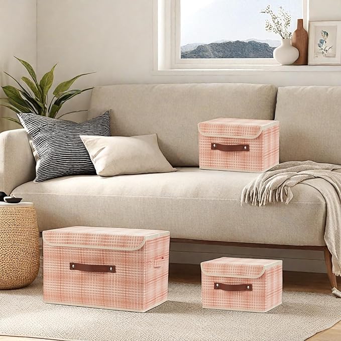 Storage Boxes with Lid 3D Textured Fabric Storage Bins Closet Organizer Containers Decorative Collapsible Washable Shelf Baskets with Faux Leather Handles (Light Salmon, Small Size)