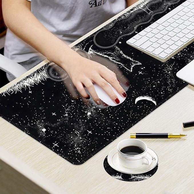 Ergonomic Mouse Pad Set with Wrist Support for Keyboard and Wrist Rest for Mouse, Memory Foam Comfort, Non-Slip Large Desk Mat for Home Office Pain Relief,Black Cat Moon Starry