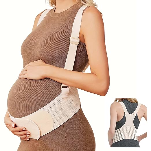 Maternity Belly Band with Back Support – Over-the-Shoulder Pregnancy Support Belt with Lumbar Support, Breathable Mesh Design, Strong Adjustable Hook & Loop Straps, No Digging Comfort for All-Day Wear (Beige, Large（154-187LB）)