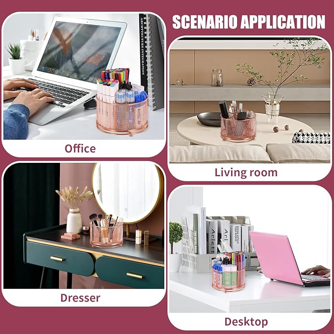 Pen Holder for Desk,360° Rotating Mesh Desk Organizer with Large Capacity 4 Compartments,Multi Functional Desk Accessories and Makeup Brush Holder for Office School Home (Rose Gold)