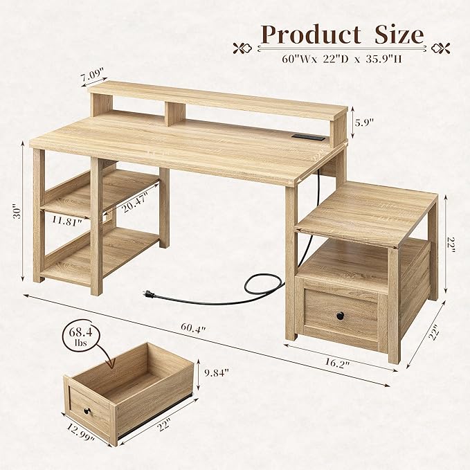 EnHomee 60.4" Farmhouse Computer Desk with Drawer & Power Outlet, Gaming Desk with LED Light, Office Desk with Monitor Stand, Study Desk, Work Desk for Home, Study Room, Bedroom, Natural Oak Finish