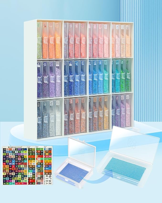 forever young Extra Large Diamond Art Storage Containers Trays ＆ Stand, 48 PCS Diamond Painting Trays with Lids for Adults & Hobbyists, 2-in-1 Organizer for Bead Sorting & Organized Workspace