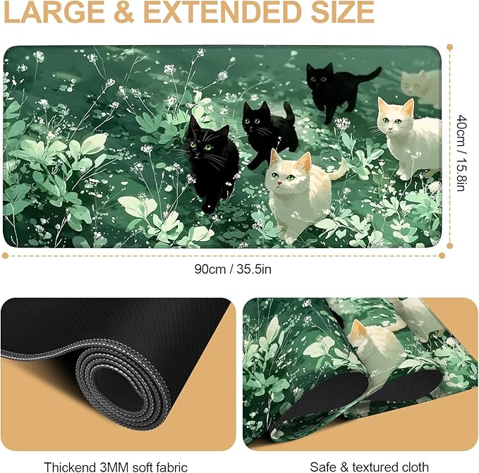 Large Mouse Pad, Cute Cat Gaming Mouse Pad Desk Mat, Non-Slip Base Extended Keyboard Mat, Thick 3mm Smooth Surface Mousepad for Office & Home, 35.5 x 15.8 Inch