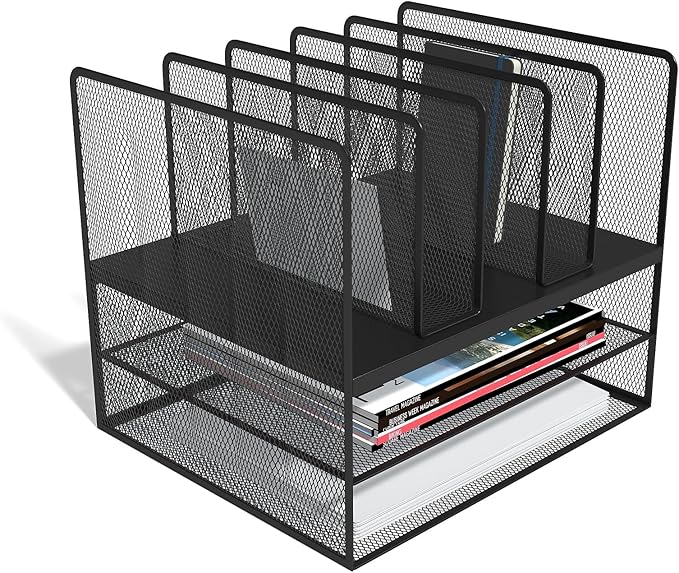 TRU RED Wire Mesh File Organizer, 7‑Compartment, Matte Black – Vertical Desktop Sorter for Files, Folders & Mail