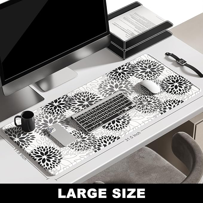 BOSOBO Large Mouse Pad, Desk Pad, XXL XL Extended Gaming Mouse Pad, Desk Mat for Office & Home, Long Keyboard Huge Mat, Desktop Full Cover 31.5 x 11.8 Inches, Minimalist White Black Flower