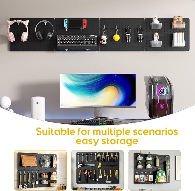 Peg Board for Tools, 4 Pack Metal Pegboard Wall Organizer with Hooks, 14.76"×10.82" Black Pegboard Panels for Walls Home, Garage Tool Storage, Kitchen, Office Organization, Craft Room