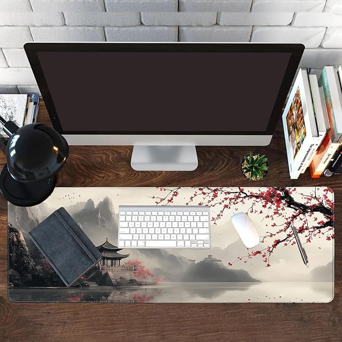 Long Gaming Mouse Pad Extended Anime Large Desk Pad with Non-Slip Base Full Keyboard Mat with Stitched Edges for Gaming and Office 31.5 x 11.8 inches (Lake Cherry Blossom)