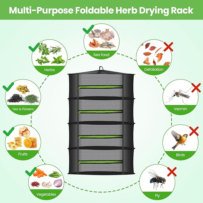 MEKOLIFE Herb Drying Rack Hanging-4 Layer, Plant Drying Rack, Bud Drying Net,Foldable Hanging Dry Rack Net with Green Zipper, Garden Shears & Hooks, for Herbs, Seeds Indoor/Outdoor (23.62")