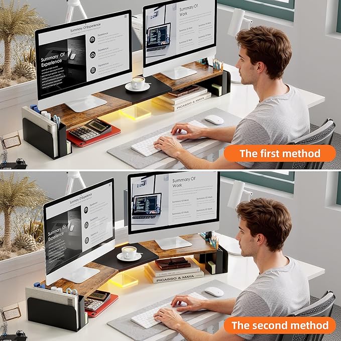 WESTREE Dual Monitor Stand Riser with Pen Holder, Computer Monitor Riser with Adjustable Angle and LED Light, Desktop Monitor Stand Riser Storage Organizer for Computer, Laptop, Printer, TV
