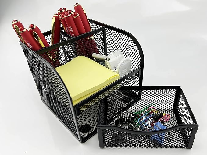 Fengtaiyuan T11, Black Square Metal Wire Mesh Pencil Holder, Pencil Cup, Pen Holder, Desktop Organizer, Office Storage Box (T11)