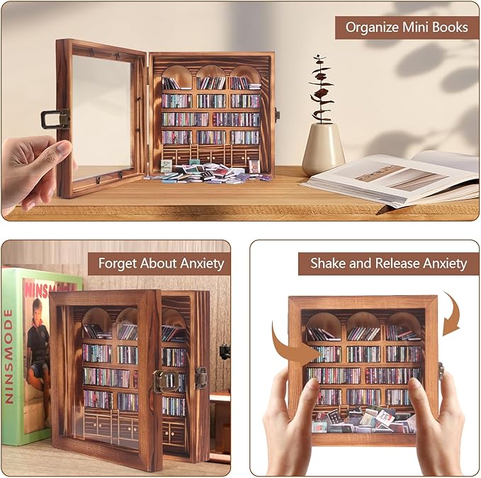 Anxiety Bookshelf – Mini Books Display for Stress Relief and Fun Decor, Perfect Decorative Miniature Library for Book Lovers, Ideal for Home Decor, Office Décor, and Thoughtful Gift Giving - Pine Wood