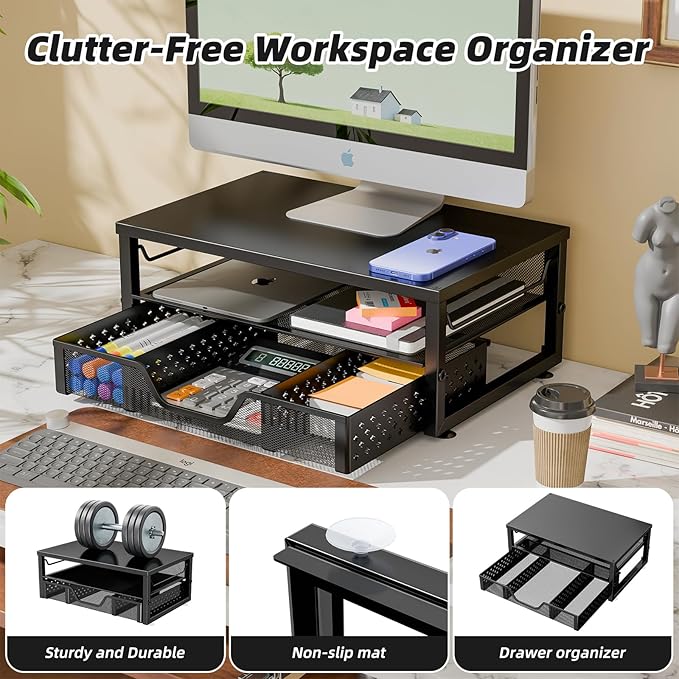 Simple Trending Desk Organizer and Accessories, Computer Monitor Stand Riser with Drawer, Metal Laptop Stand for Desk, Black