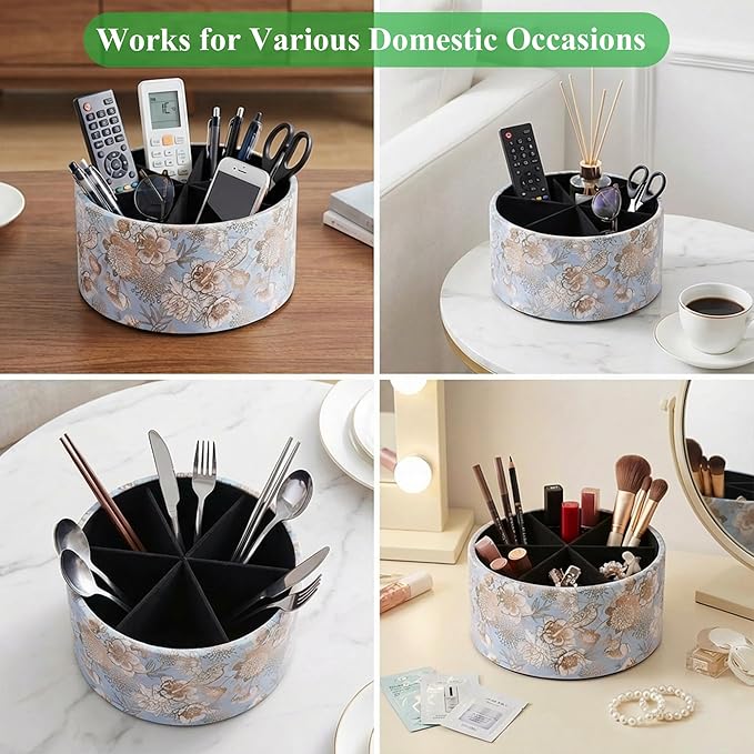 Remote Control Holder, 360°Spinning PU Leather Desk TV Remote Caddy,Desk Storage Box Room Accessories for Controller, Media,Mail,Calculator, Mobile Phone,Pencil(1B-Blue Bird)