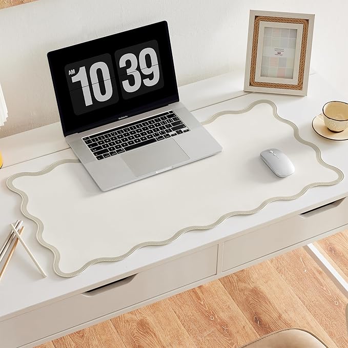 Scalloped Desk Mat, 31.5" x 15.7", PU Leather, Waterproof Anti-Slip, Cute Aesthetic Desk Pad for Office/Home/Game/Vanity (Beige, Large)