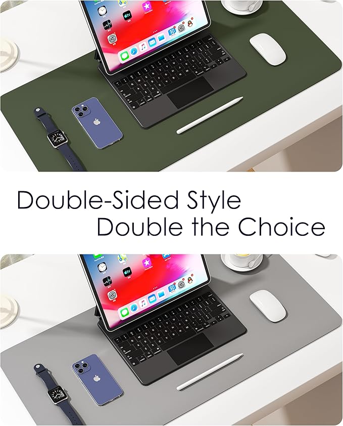 WAYBER Leather Desk Pad Protector, Waterproof Mouse Pad, PU Desk Mat, Office Desk Cover, Desk Writing Mat for Office/Home/Work/Cubicle (Green/Gray) 23.7x13.8 in