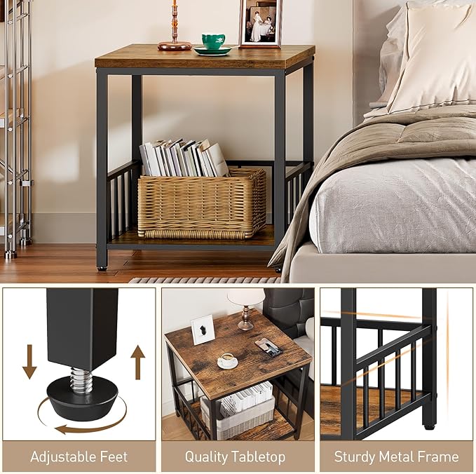 RALGEND End Table, Mini Fridge Stand with Storage, 20" Mini Fridge Cabinet with 2-Tier Storage Shelves, Mini Fridge Table Adjustable Feet, for Kitchen, Living Room, Rustic Brown and Black 5001RSBF