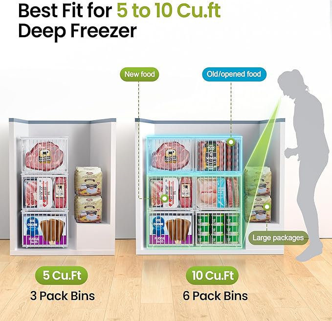 MSERCUOR Freezer Organizer Bins, 6 Pack Big Stackable Deep Chest Freezer Organizer Bins, Foldable Baskets with Handles, White Storage Container Baskets for 5 to 9 Cu.FT Deep Freezer Sort Frozen Meats