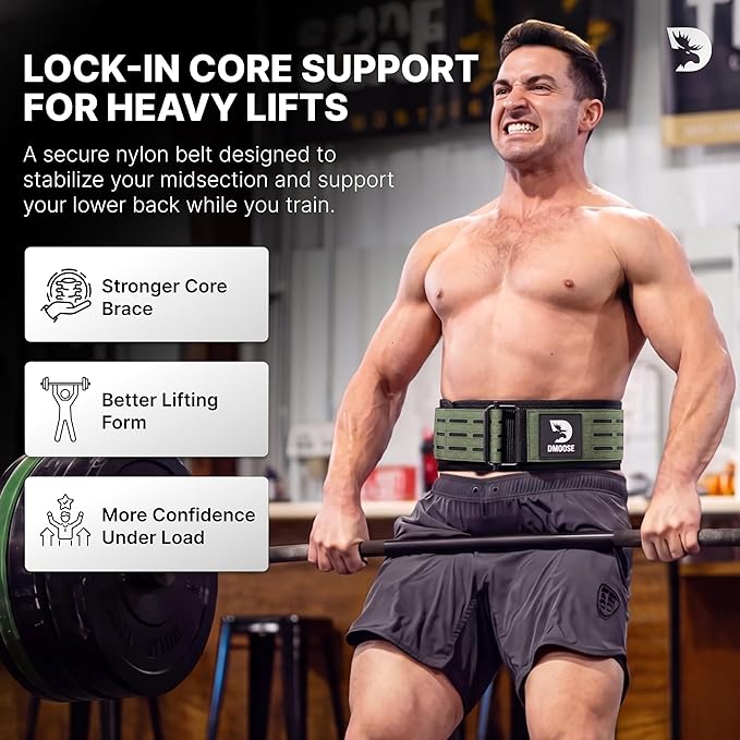 DMoose Weight Lifting Belt - Auto Locking Gym Belt for Olympic Training, WOD, Cross Training for Men and Women - 4" Nylon Workout belt with Adjustable Buckle - Provides Lumbar Support and Stability