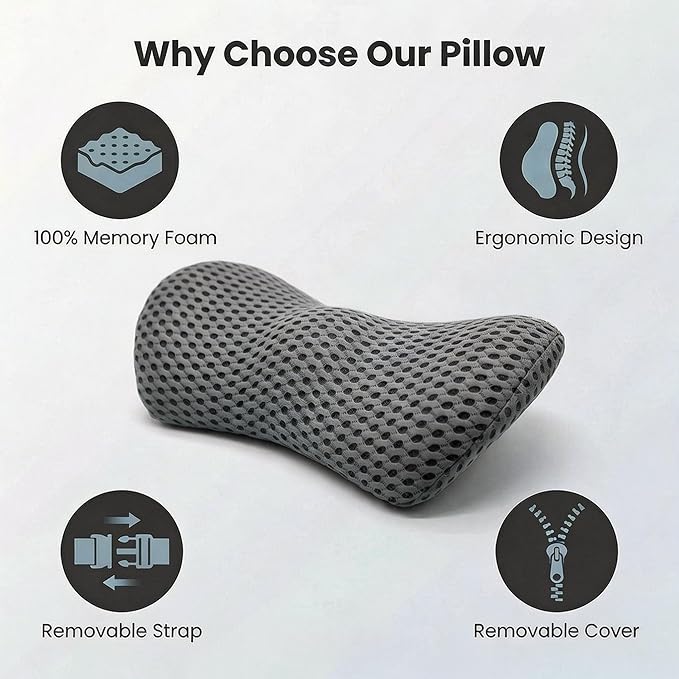 Memory Foam Lumbar Support Pillow with Detachable Adjustable Straps, Lower Back Cushion for Pain Relief, Breathable Washable Cover, for Office Chair Car Seat Recliner Bed