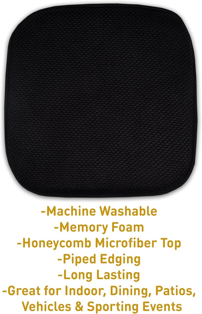 Sweet Home Collection 4 Pack Memory Foam Honeycomb Nonslip Back 16" x16" Chair/Seat Cushion Pad, Black